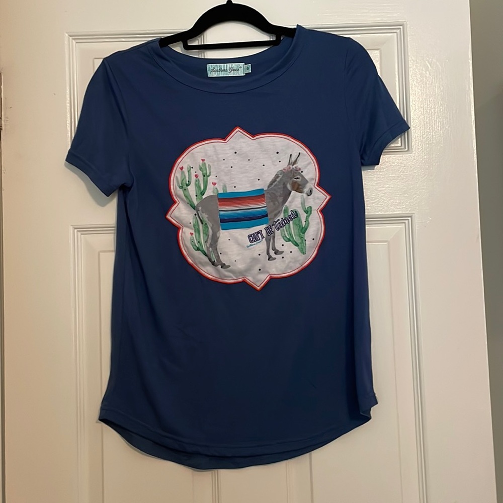 Blue light weight t-shirt with embroidered label design Southern Grace